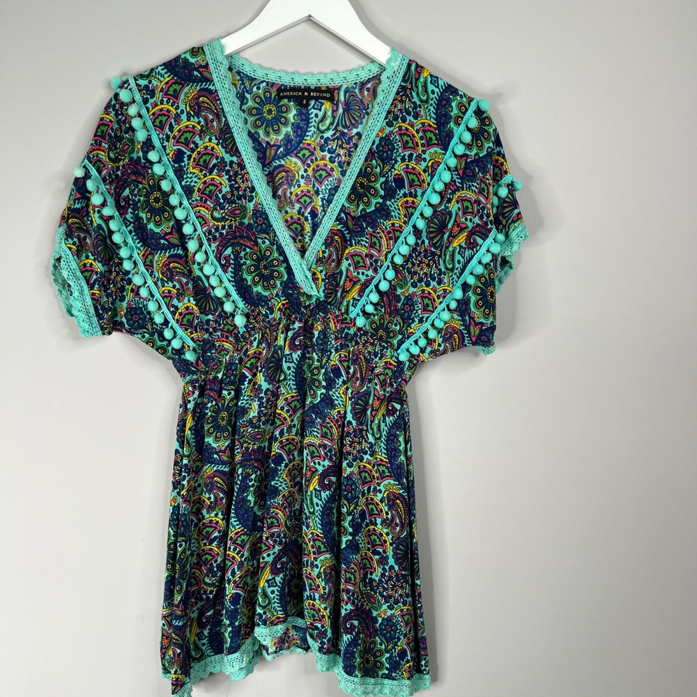 America & Beyond Boho Turquoise Pom Pom Top Swim Coverup Small